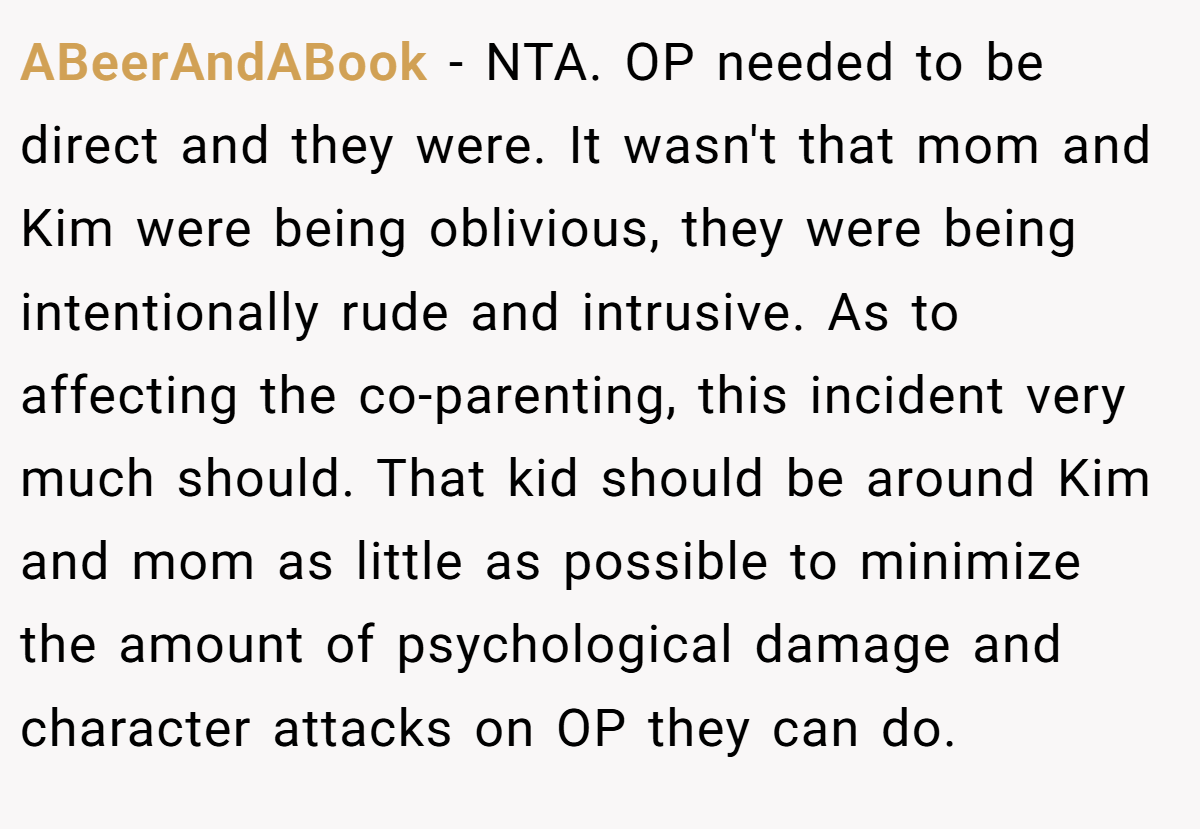 ABeerAndABook − NTA. OP needed to be direct and they were. It wasn't that mom and Kim were being oblivious, they were being intentionally rude and intrusive. As to affecting the co-parenting, this incident very much should. That kid should be around Kim and mom as little as possible to minimize the amount of psychological damage and character attacks on OP they can do.