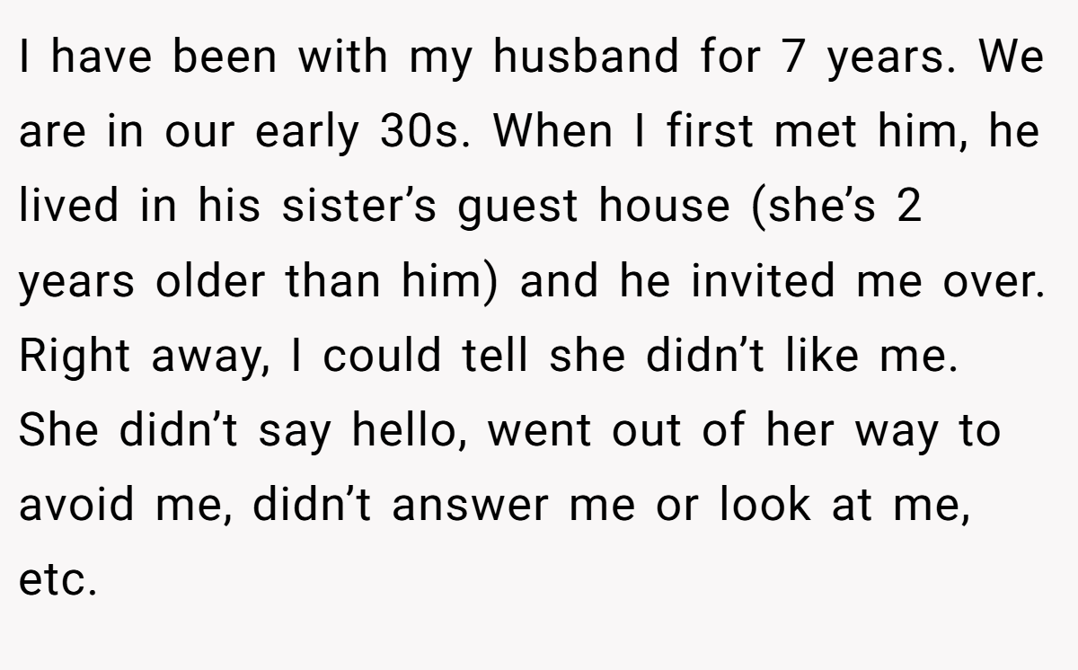 I have been with my husband for 7 years. We are in our early 30s. When I first met him, he lived in his sister’s guest house (she’s 2 years older than him) and he invited me over. Right away, I could tell she didn’t like me. She didn’t say hello, went out of her way to avoid me, didn’t answer me or look at me, etc.