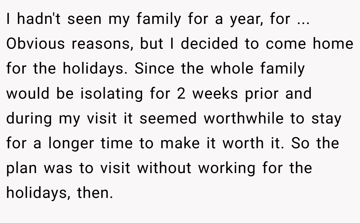 I hadn't seen my family for a year, for ... Obvious reasons, but I decided to come home for the holidays. Since the whole family would be isolating for 2 weeks prior and during my visit it seemed worthwhile to stay for a longer time to make it worth it. So the plan was to visit without working for the holidays, then.