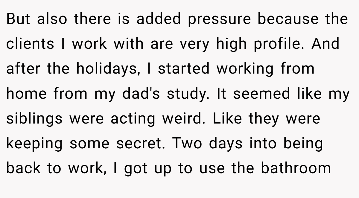 But also there is added pressure because the clients I work with are very high profile. And after the holidays, I started working from home from my dad's study. It seemed like my siblings were acting weird. Like they were keeping some secret. Two days into being back to work, I got up to use the bathroom