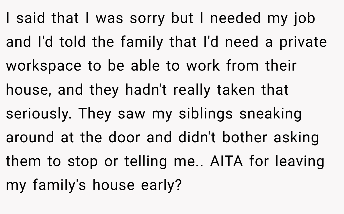 I said that I was sorry but I needed my job and I'd told the family that I'd need a private workspace to be able to work from their house, and they hadn't really taken that seriously. They saw my siblings sneaking around at the door and didn't bother asking them to stop or telling me.. AITA for leaving my family's house early?