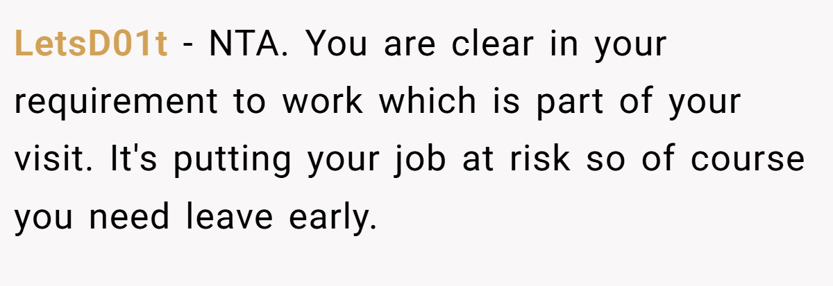 LetsD01t − NTA. You are clear in your requirement to work which is part of your visit. It's putting your job at risk so of course you need leave early.