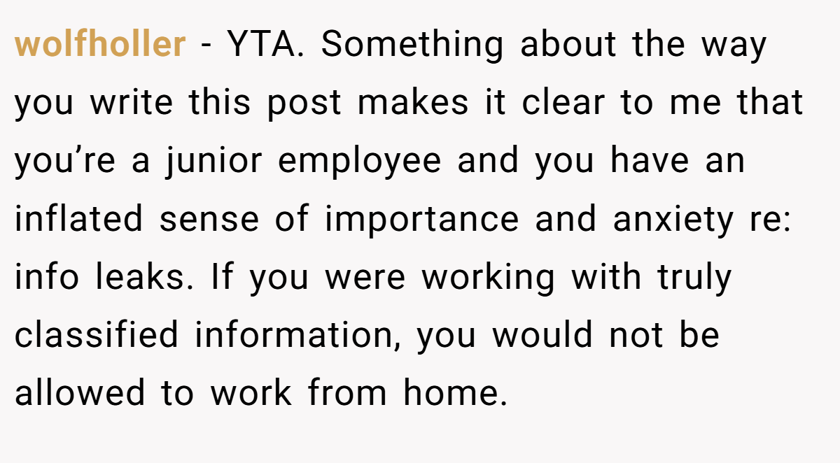 wolfholler − YTA. Something about the way you write this post makes it clear to me that you’re a junior employee and you have an inflated sense of importance and anxiety re: info leaks. If you were working with truly classified information, you would not be allowed to work from home.