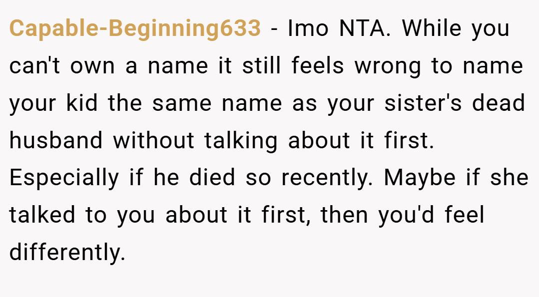 Capable-Beginning633 − Imo NTA. While you can't own a name it still feels wrong to name your kid the same name as your sister's dead husband without talking about it first. Especially if he died so recently. Maybe if she talked to you about it first, then you'd feel differently.