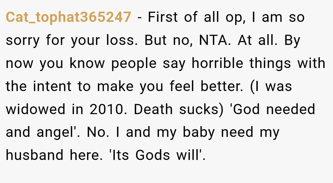 Cat_tophat365247 − First of all op, I am so sorry for your loss. But no, NTA. At all. By now you know people say horrible things with the intent to make you feel better. (I was widowed in 2010. Death sucks) 'God needed and angel'. No. I and my baby need my husband here. 'Its Gods will'.