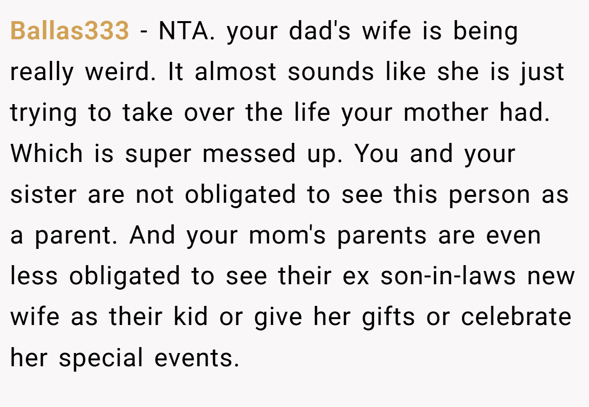 Ballas333 − NTA. your dad's wife is being really weird. It almost sounds like she is just trying to take over the life your mother had. Which is super messed up. You and your sister are not obligated to see this person as a parent. And your mom's parents are even less obligated to see their ex son-in-laws new wife as their kid or give her gifts or celebrate her special events.