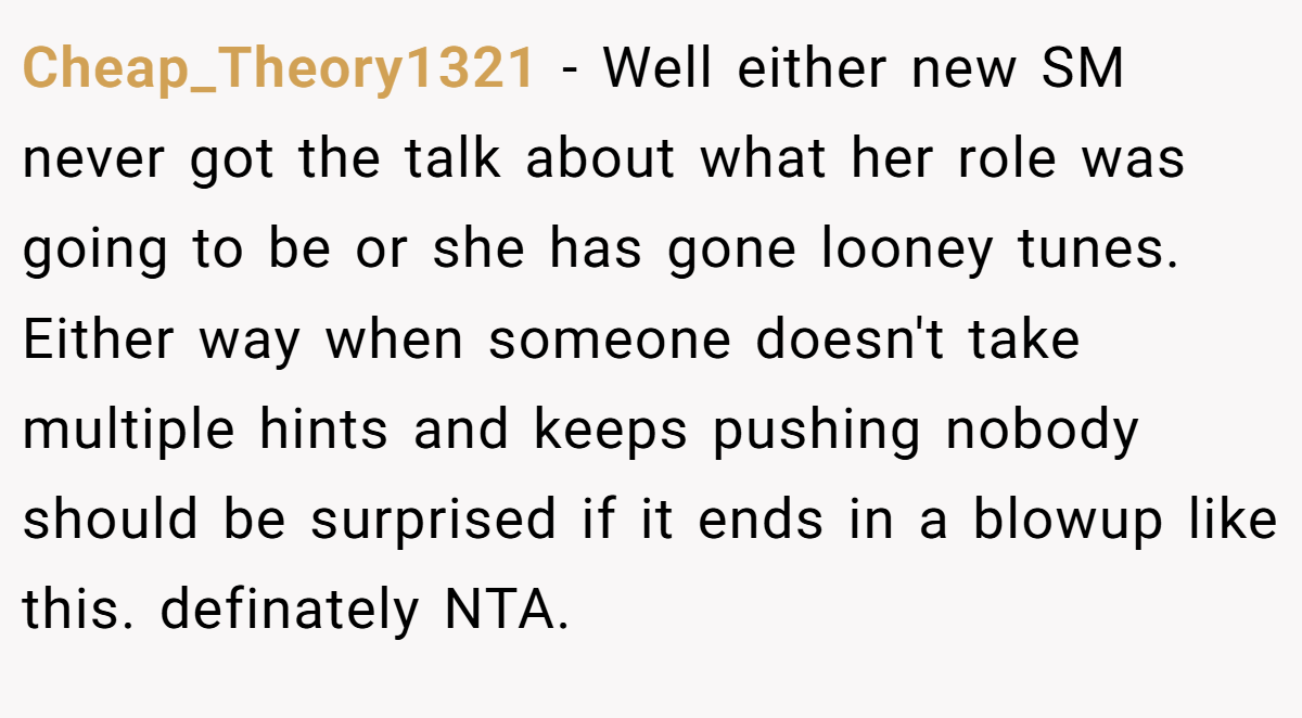 Cheap_Theory1321 − Well either new SM never got the talk about what her role was going to be or she has gone looney tunes. Either way when someone doesn't take multiple hints and keeps pushing nobody should be surprised if it ends in a blowup like this. definately NTA.
