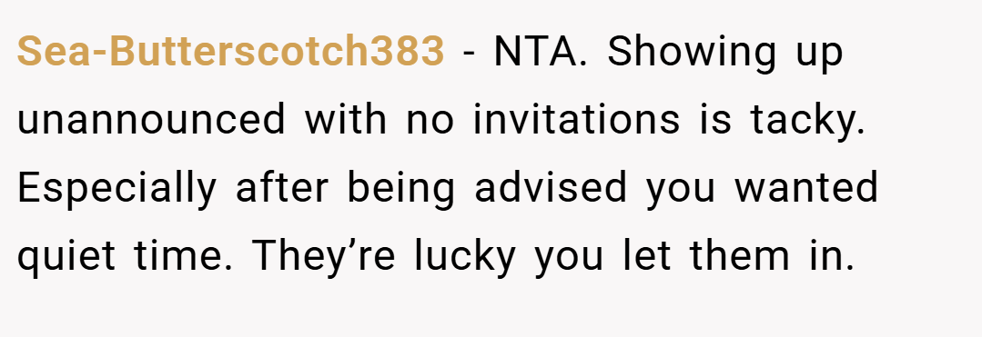 Sea-Butterscotch383 − NTA. Showing up unannounced with no invitations is tacky. Especially after being advised you wanted quiet time. They’re lucky you let them in.