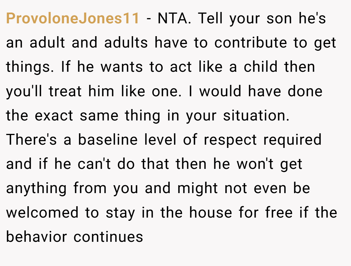 ProvoloneJones11 − NTA. Tell your son he's an adult and adults have to contribute to get things. If he wants to act like a child then you'll treat him like one. I would have done the exact same thing in your situation. There's a baseline level of respect required and if he can't do that then he won't get anything from you and might not even be welcomed to stay in the house for free if the behavior continues