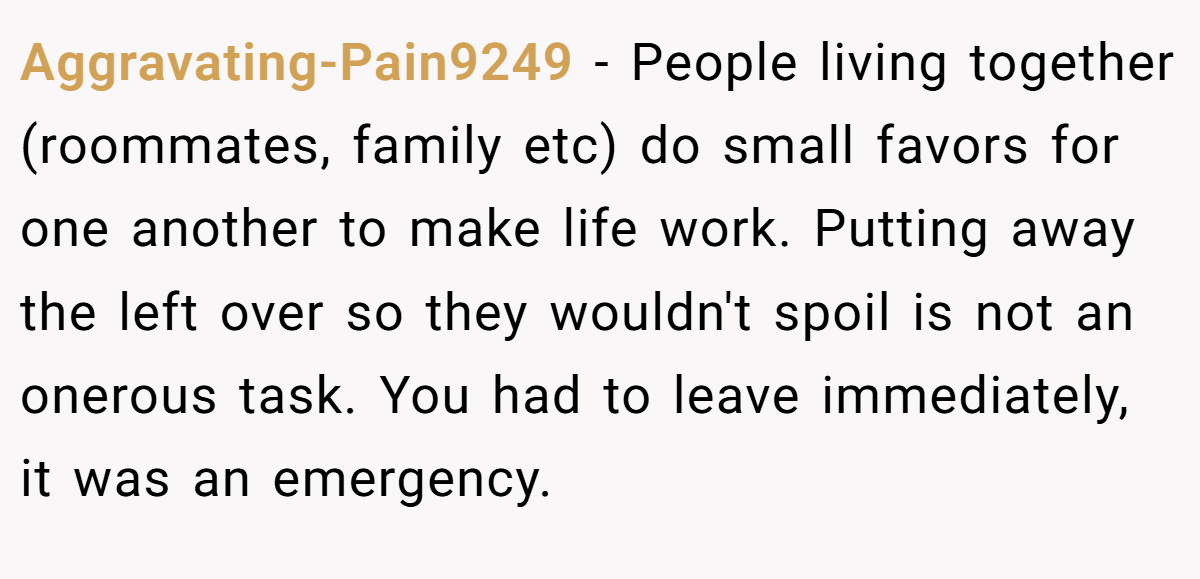Aggravating-Pain9249 − People living together (roommates, family etc) do small favors for one another to make life work. Putting away the left over so they wouldn't spoil is not an onerous task. You had to leave immediately, it was an emergency.
