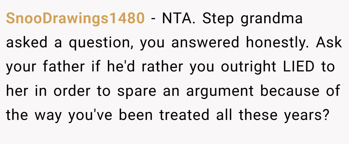 SnooDrawings1480 − NTA. Step grandma asked a question, you answered honestly. Ask your father if he'd rather you outright LIED to her in order to spare an argument because of the way you've been treated all these years?