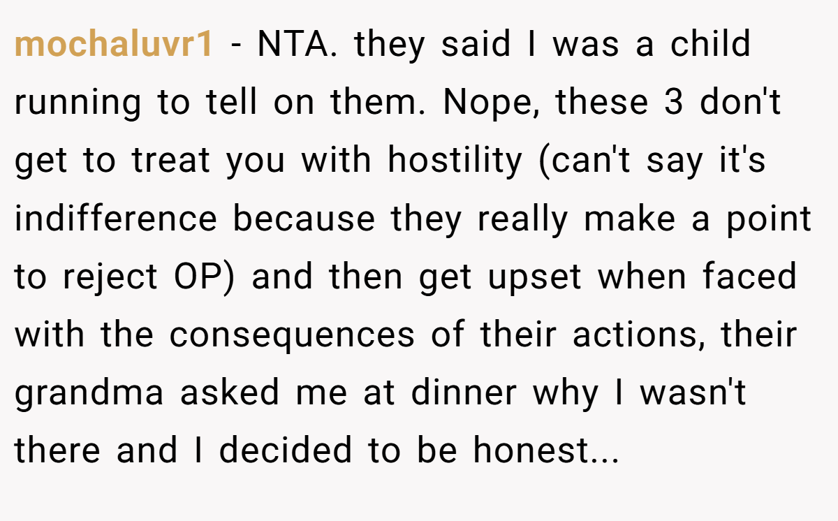 mochaluvr1 − NTA. they said I was a child running to tell on them. Nope, these 3 don't get to treat you with hostility (can't say it's indifference because they really make a point to reject OP) and then get upset when faced with the consequences of their actions, their grandma asked me at dinner why I wasn't there and I decided to be honest...