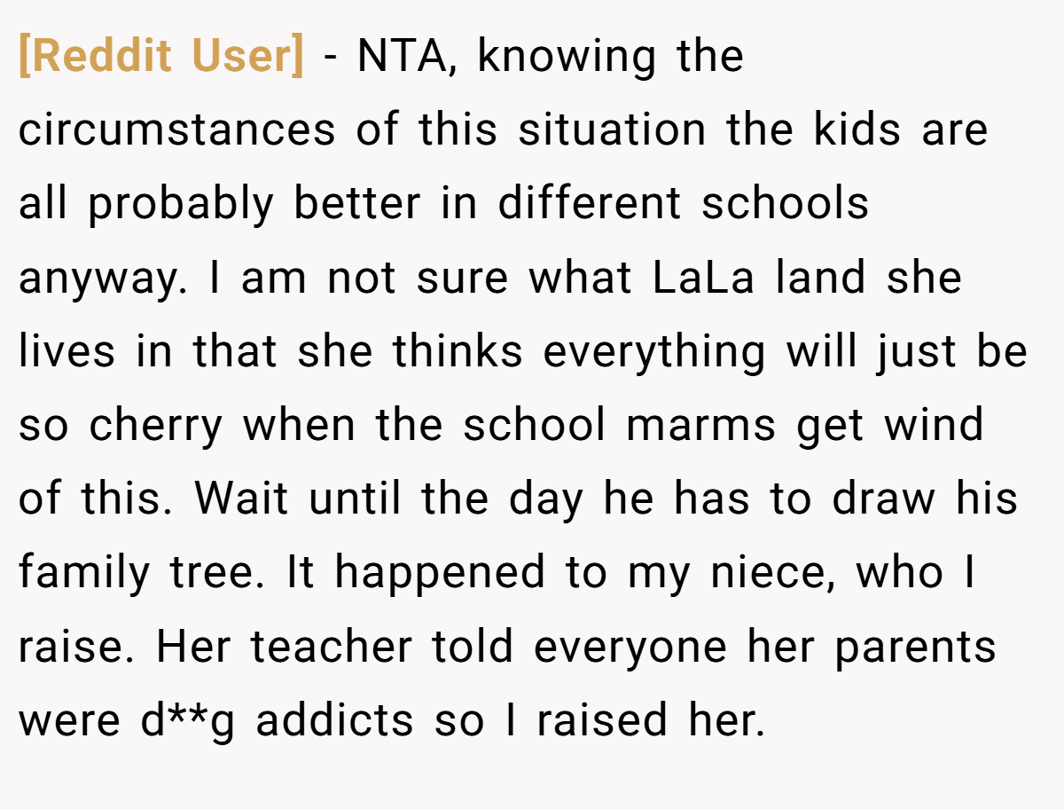 [Reddit User] − NTA, knowing the circumstances of this situation the kids are all probably better in different schools anyway. I am not sure what LaLa land she lives in that she thinks everything will just be so cherry when the school marms get wind of this. Wait until the day he has to draw his family tree. It happened to my niece, who I raise. Her teacher told everyone her parents were d**g addicts so I raised her.