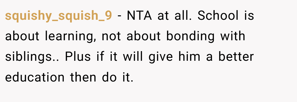 squishy_squish_9 − NTA at all. School is about learning, not about bonding with siblings.. Plus if it will give him a better education then do it.