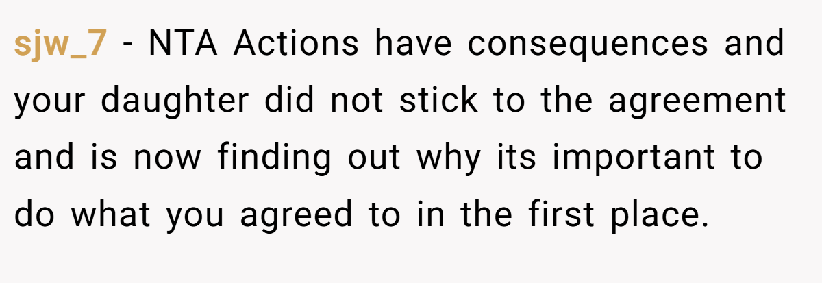 sjw_7 − NTA Actions have consequences and your daughter did not stick to the agreement and is now finding out why its important to do what you agreed to in the first place.