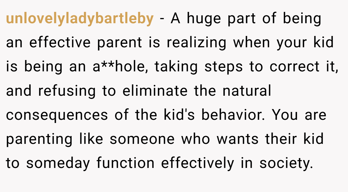 unlovelyladybartleby − A huge part of being an effective parent is realizing when your kid is being an a**hole, taking steps to correct it, and refusing to eliminate the natural consequences of the kid's behavior. You are parenting like someone who wants their kid to someday function effectively in society.