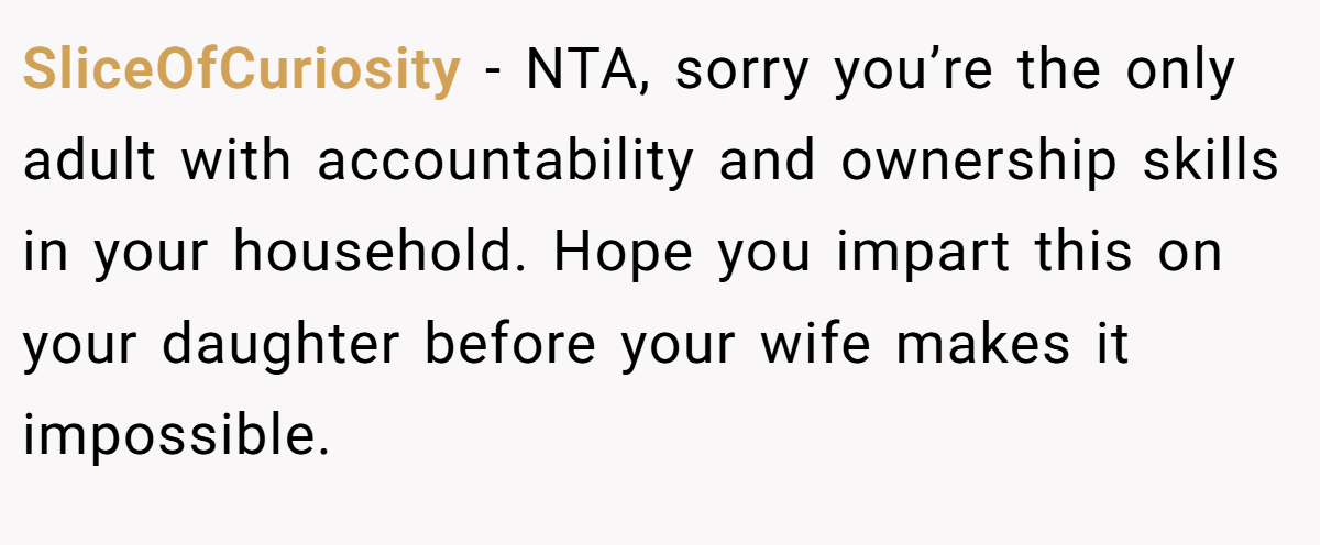 SliceOfCuriosity − NTA, sorry you’re the only adult with accountability and ownership skills in your household. Hope you impart this on your daughter before your wife makes it impossible.