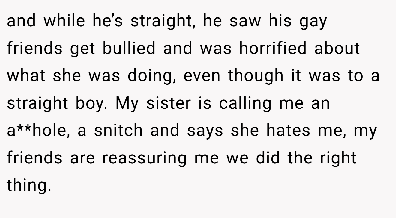 and while he’s straight, he saw his gay friends get bullied and was horrified about what she was doing, even though it was to a straight boy. My sister is calling me an a**hole, a snitch and says she hates me, my friends are reassuring me we did the right thing.