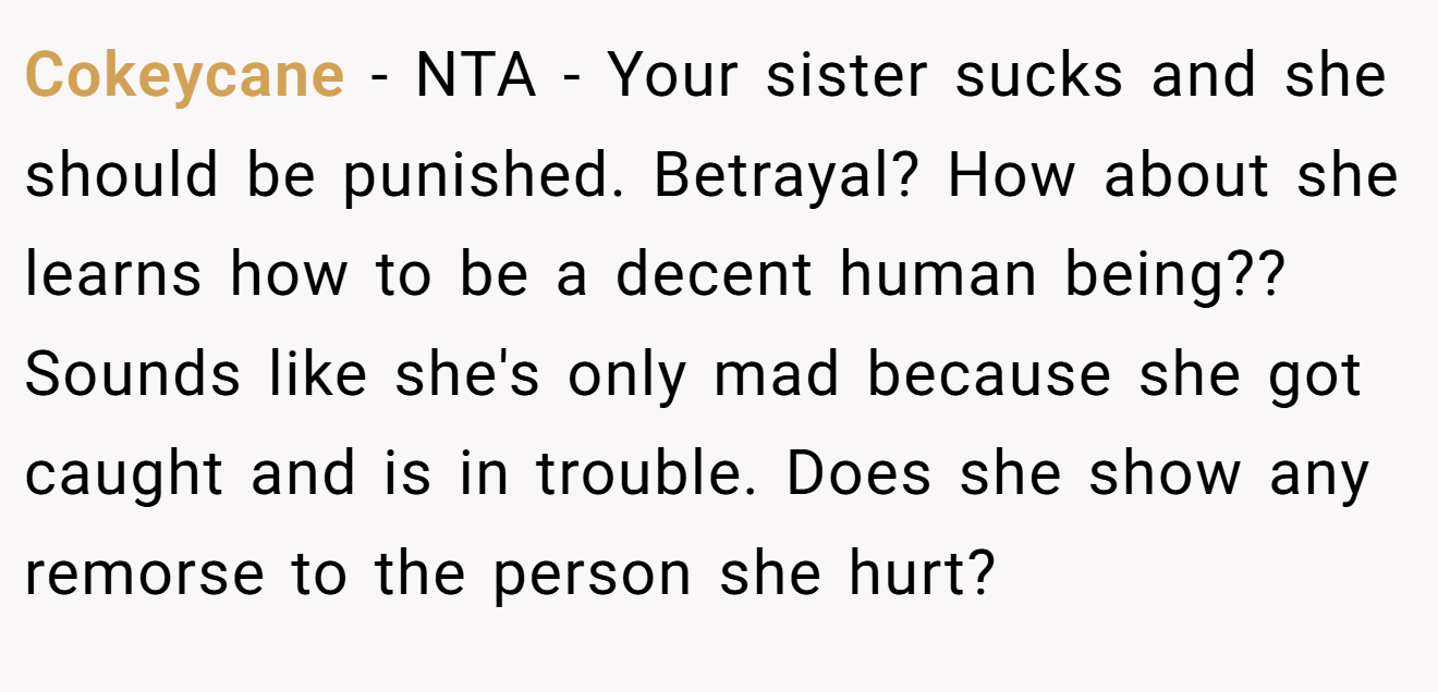 Cokeycane − NTA - Your sister sucks and she should be punished. Betrayal? How about she learns how to be a decent human being?? Sounds like she's only mad because she got caught and is in trouble. Does she show any remorse to the person she hurt?