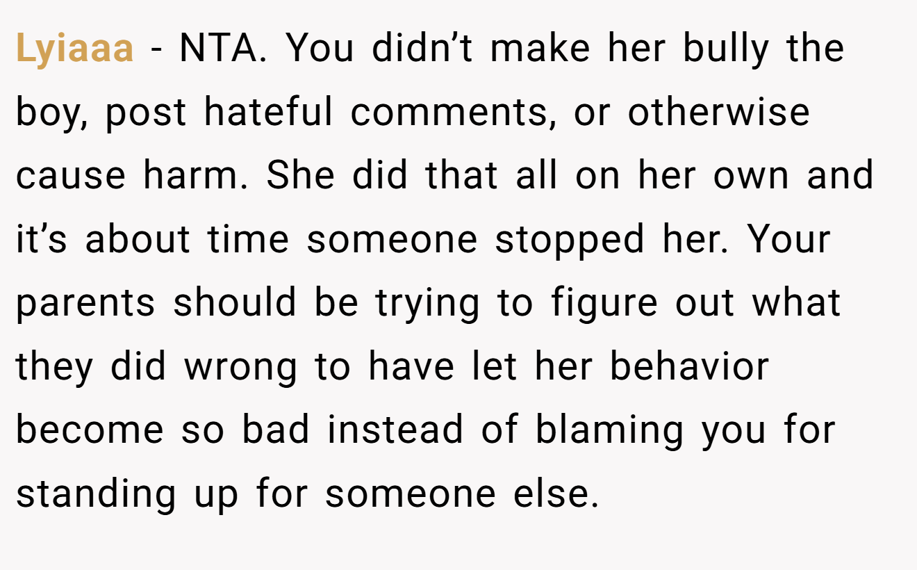 Lyiaaa − NTA. You didn’t make her bully the boy, post hateful comments, or otherwise cause harm. She did that all on her own and it’s about time someone stopped her. Your parents should be trying to figure out what they did wrong to have let her behavior become so bad instead of blaming you for standing up for someone else.
