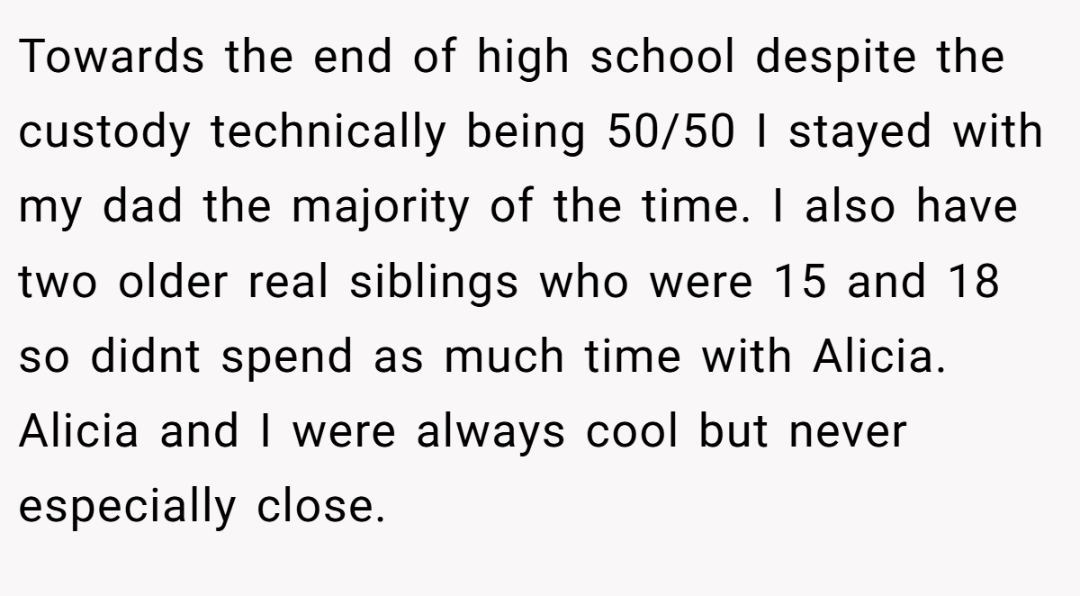 Towards the end of high school despite the custody technically being 50/50 I stayed with my dad the majority of the time. I also have two older real siblings who were 15 and 18 so didnt spend as much time with Alicia. Alicia and I were always cool but never especially close.