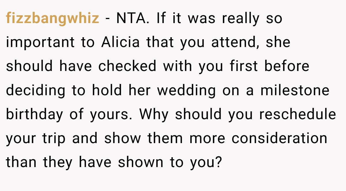 fizzbangwhiz − NTA. If it was really so important to Alicia that you attend, she should have checked with you first before deciding to hold her wedding on a milestone birthday of yours. Why should you reschedule your trip and show them more consideration than they have shown to you?