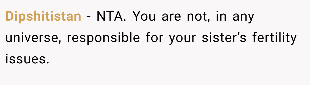Dipshitistan − NTA. You are not, in any universe, responsible for your sister’s fertility issues.