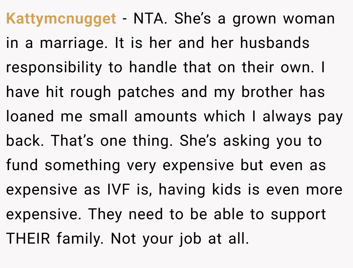 Kattymcnugget − NTA. She’s a grown woman in a marriage. It is her and her husbands responsibility to handle that on their own. I have hit rough patches and my brother has loaned me small amounts which I always pay back. That’s one thing. She’s asking you to fund something very expensive but even as expensive as IVF is, having kids is even more expensive. They need to be able to support THEIR family. Not your job at all.