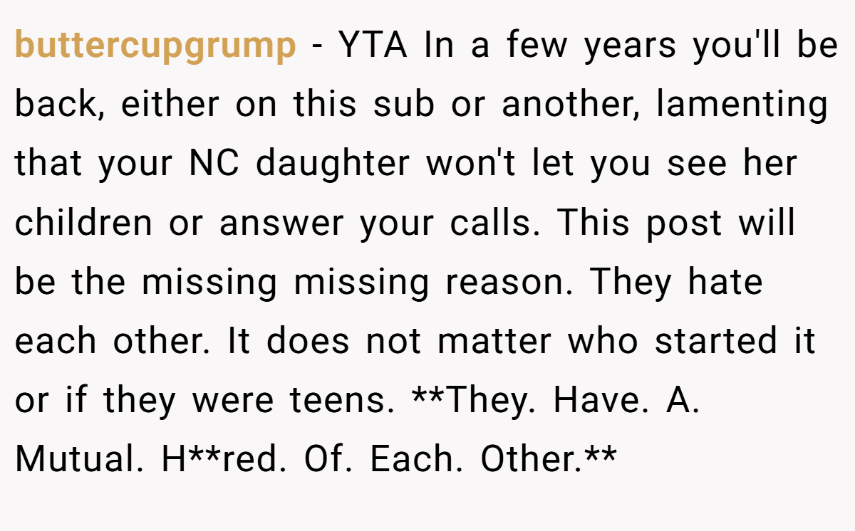 buttercupgrump − YTA In a few years you'll be back, either on this sub or another, lamenting that your NC daughter won't let you see her children or answer your calls. This post will be the missing missing reason. They hate each other. It does not matter who started it or if they were teens. **They. Have. A. Mutual. H**red. Of. Each. Other.**