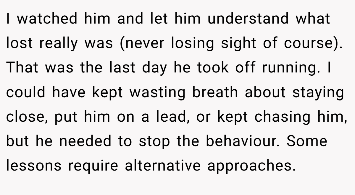 I watched him and let him understand what lost really was (never losing sight of course). That was the last day he took off running. I could have kept wasting breath about staying close, put him on a lead, or kept chasing him, but he needed to stop the behaviour. Some lessons require alternative approaches.