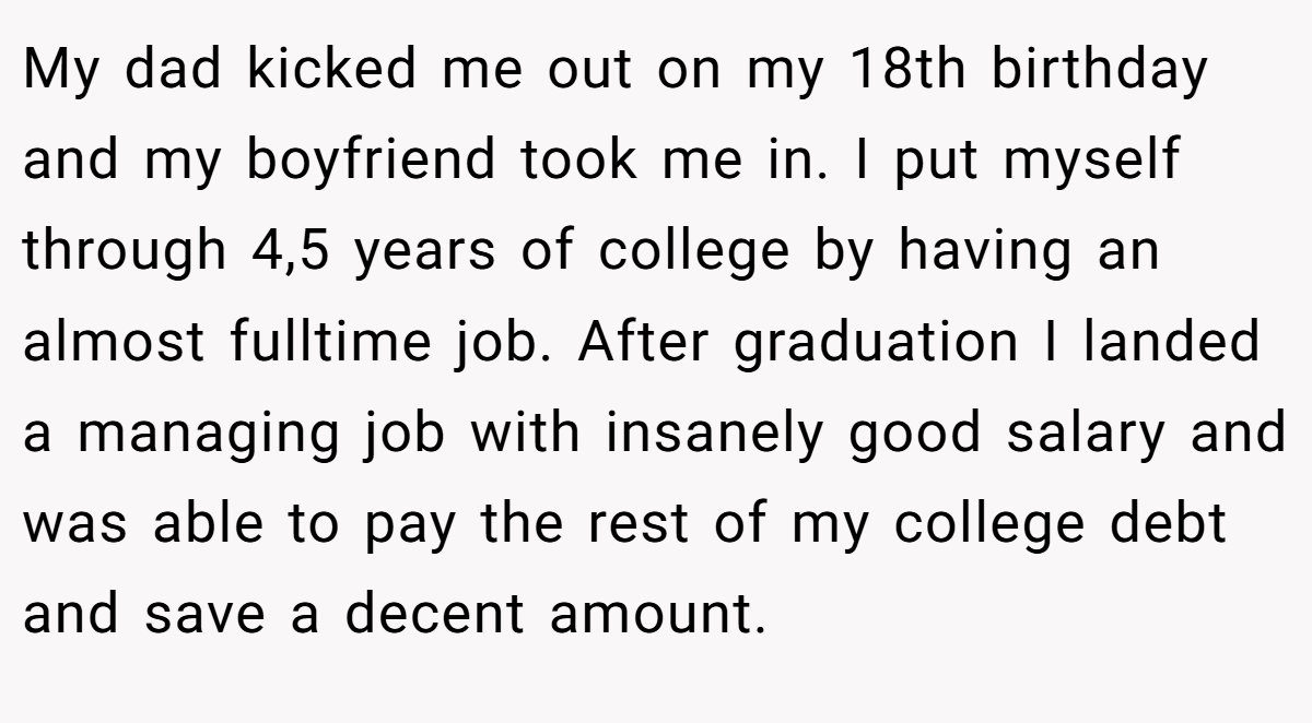 My dad kicked me out on my 18th birthday and my boyfriend took me in. I put myself through 4,5 years of college by having an almost fulltime job. After graduation I landed a managing job with insanely good salary and was able to pay the rest of my college debt and save a decent amount.