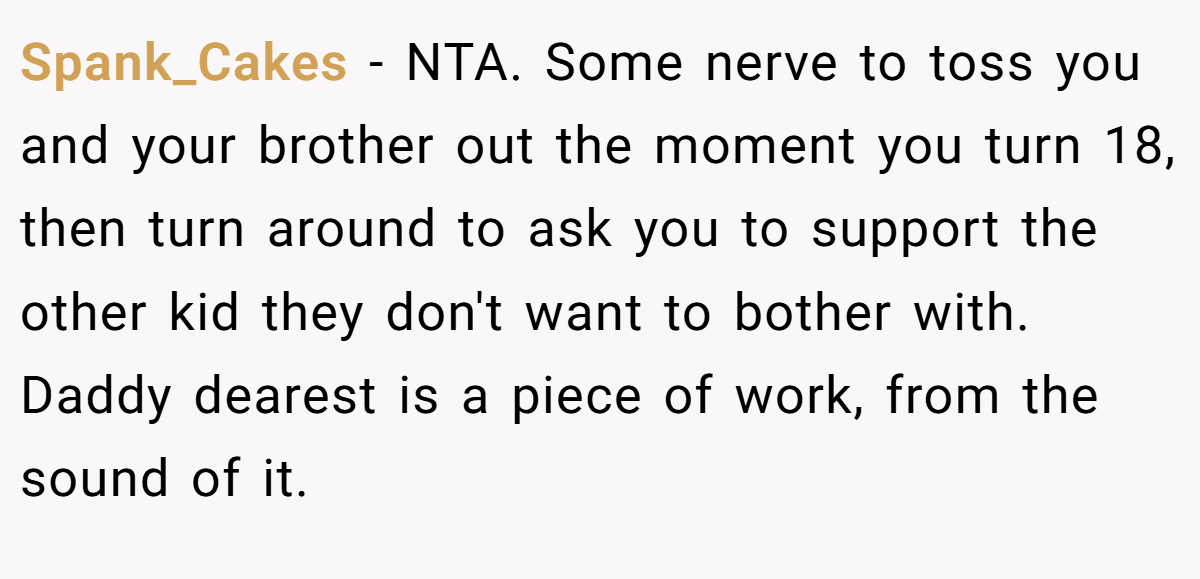 Spank_Cakes − NTA. Some nerve to toss you and your brother out the moment you turn 18, then turn around to ask you to support the other kid they don't want to bother with. Daddy dearest is a piece of work, from the sound of it.