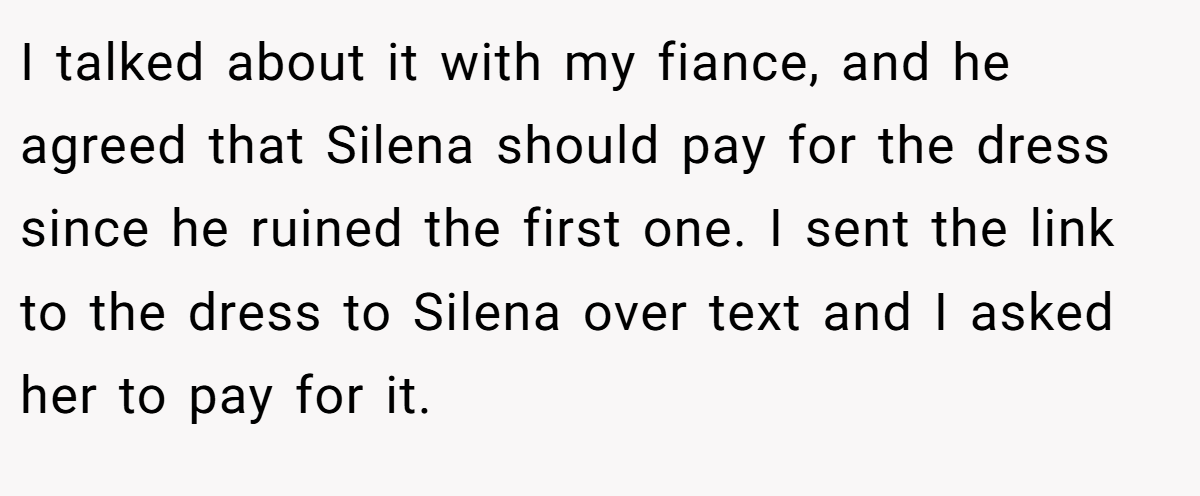 I talked about it with my fiance, and he agreed that Silena should pay for the dress since he ruined the first one. I sent the link to the dress to Silena over text and I asked her to pay for it.
