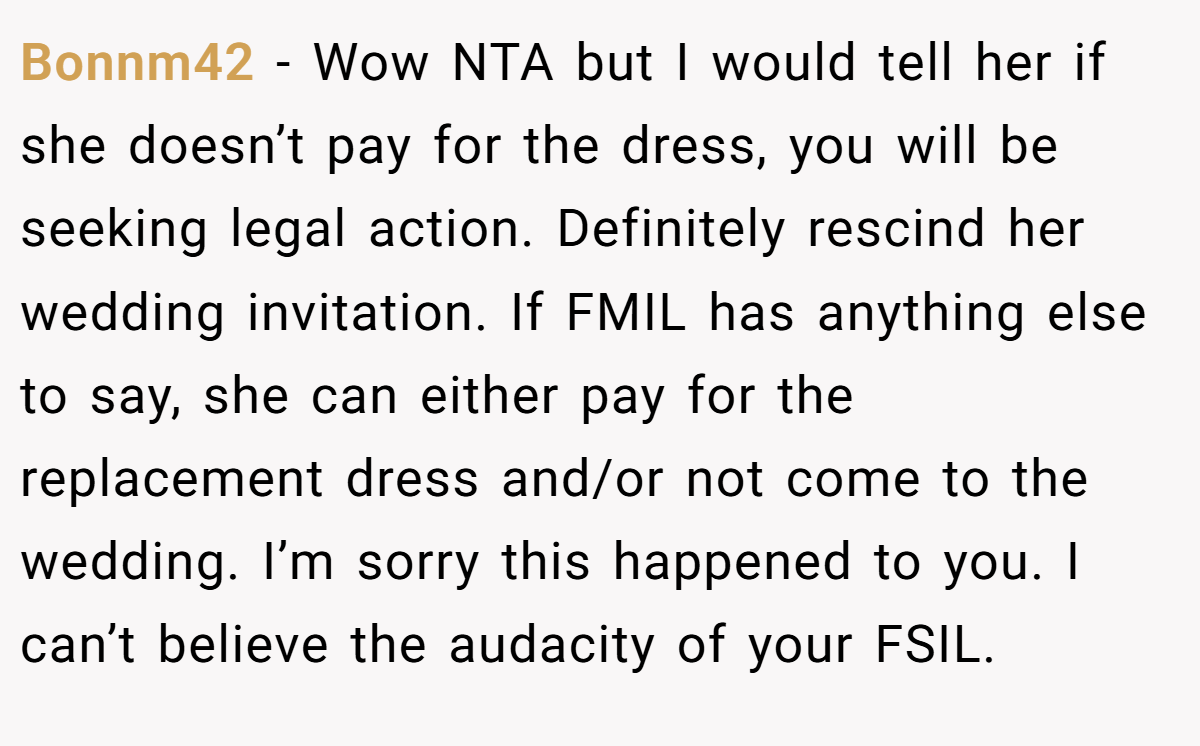 Bonnm42 − Wow NTA but I would tell her if she doesn’t pay for the dress, you will be seeking legal action. Definitely rescind her wedding invitation. If FMIL has anything else to say, she can either pay for the replacement dress and/or not come to the wedding. I’m sorry this happened to you. I can’t believe the audacity of your FSIL.