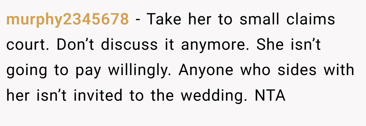 murphy2345678 − Take her to small claims court. Don’t discuss it anymore. She isn’t going to pay willingly. Anyone who sides with her isn’t invited to the wedding. NTA