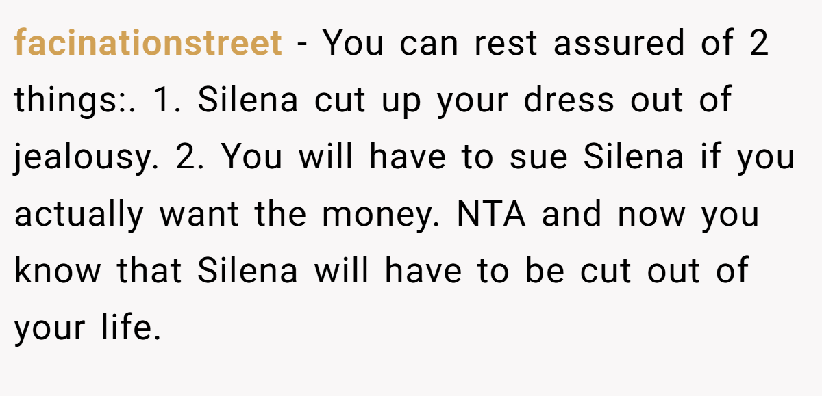 facinationstreet − You can rest assured of 2 things:. 1. Silena cut up your dress out of jealousy. 2. You will have to sue Silena if you actually want the money. NTA and now you know that Silena will have to be cut out of your life.