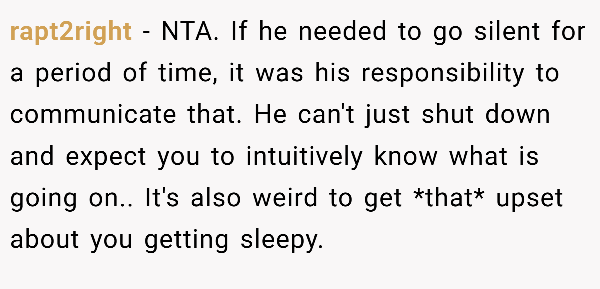 rapt2right - NTA. If he needed to go silent for a period of time, it was his responsibility to communicate that. He can't just shut down and expect you to intuitively know what is going on.. It's also weird to get *that* upset about you getting sleepy.