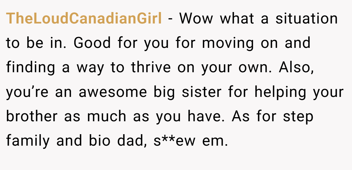 TheLoudCanadianGirl − Wow what a situation to be in. Good for you for moving on and finding a way to thrive on your own. Also, you’re an awesome big sister for helping your brother as much as you have. As for step family and bio dad, s**ew em.