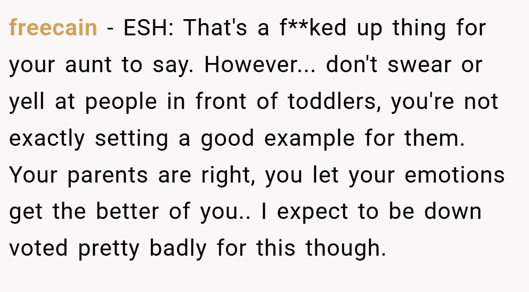 freecain − ESH: That's a f**ked up thing for your aunt to say. However... don't swear or yell at people in front of toddlers, you're not exactly setting a good example for them. Your parents are right, you let your emotions get the better of you.. I expect to be down voted pretty badly for this though.
