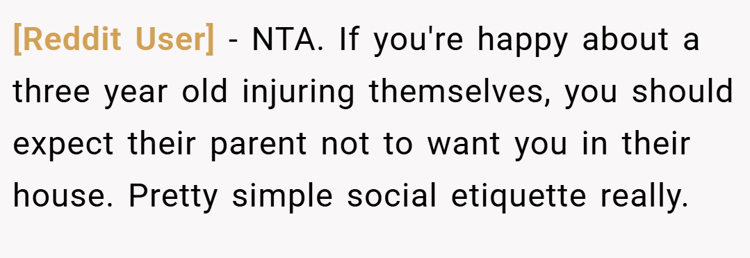 [Reddit User] − NTA. If you're happy about a three year old injuring themselves, you should expect their parent not to want you in their house. Pretty simple social etiquette really.