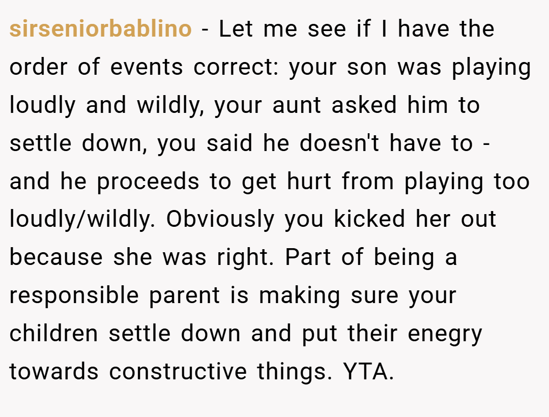 sirseniorbablino − Let me see if I have the order of events correct: your son was playing loudly and wildly, your aunt asked him to settle down, you said he doesn't have to - and he proceeds to get hurt from playing too loudly/wildly. Obviously you kicked her out because she was right. Part of being a responsible parent is making sure your children settle down and put their enegry towards constructive things. YTA.