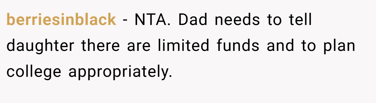 berriesinblack − NTA. Dad needs to tell daughter there are limited funds and to plan college appropriately.