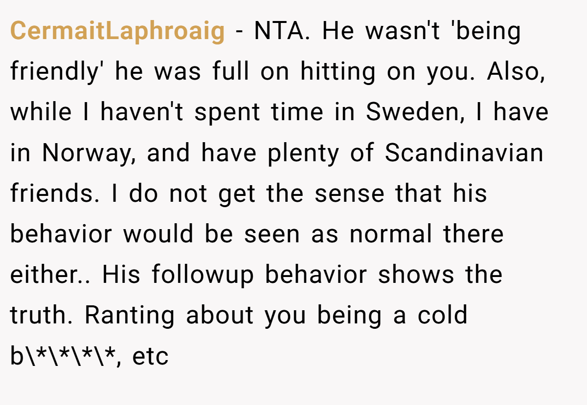 CermaitLaphroaig − NTA. He wasn't 'being friendly' he was full on hitting on you. Also, while I haven't spent time in Sweden, I have in Norway, and have plenty of Scandinavian friends. I do not get the sense that his behavior would be seen as normal there either.. His followup behavior shows the truth. Ranting about you being a cold b\*\*\*\*, etc