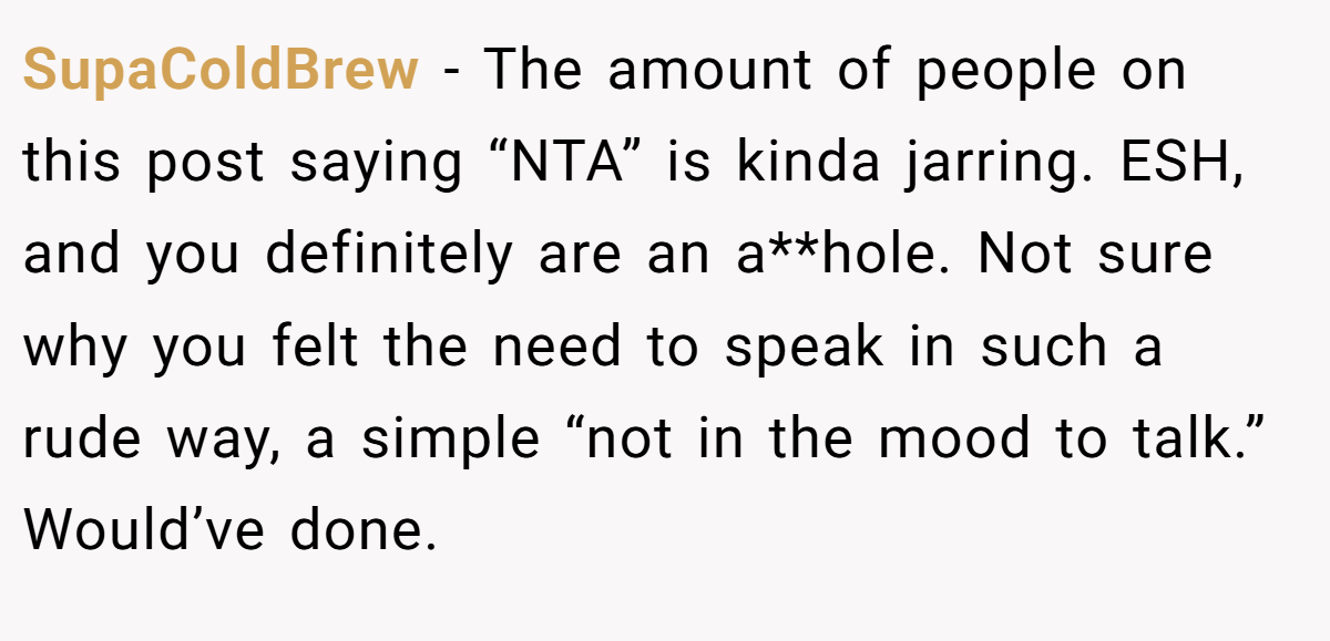 SupaColdBrew - The amount of people on this post saying “NTA” is kinda jarring. ESH, and you definitely are an a**hole. Not sure why you felt the need to speak in such a rude way, a simple “not in the mood to talk.” Would’ve done.