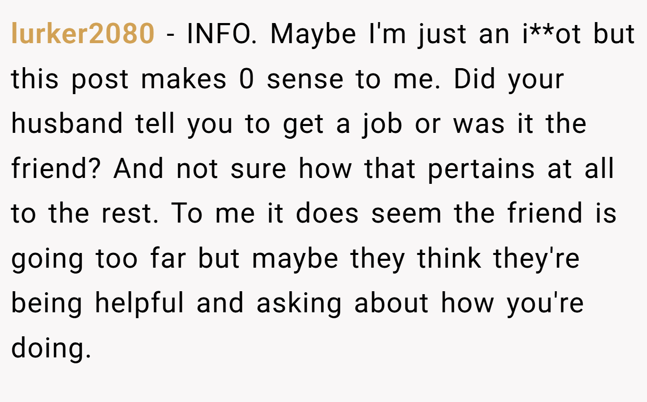 lurker2080 − INFO. Maybe I'm just an i**ot but this post makes 0 sense to me. Did your husband tell you to get a job or was it the friend? And not sure how that pertains at all to the rest. To me it does seem the friend is going too far but maybe they think they're being helpful and asking about how you're doing.