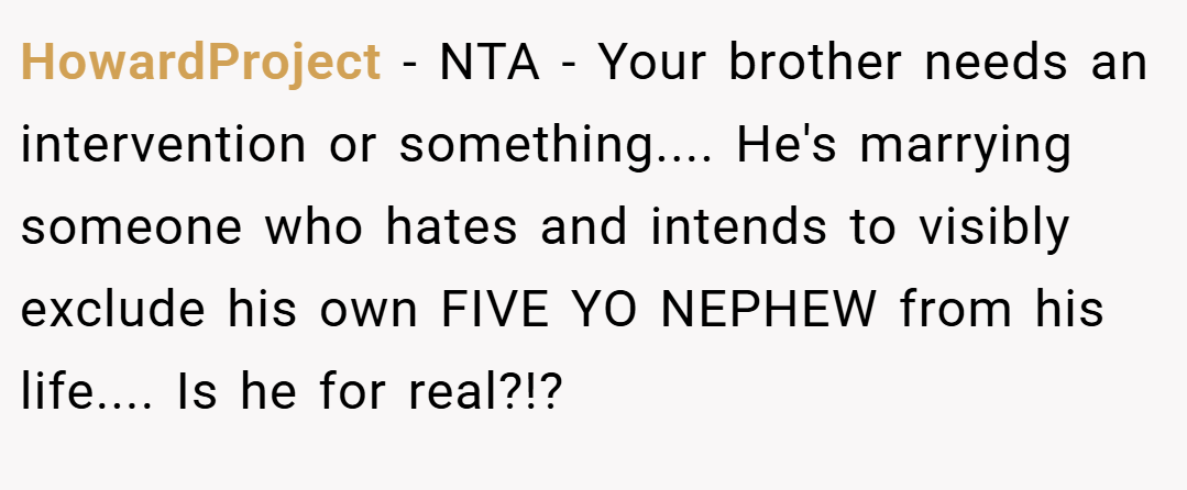 HowardProject − NTA - Your brother needs an intervention or something.... He's marrying someone who hates and intends to visibly exclude his own FIVE YO NEPHEW from his life.... Is he for real?!?