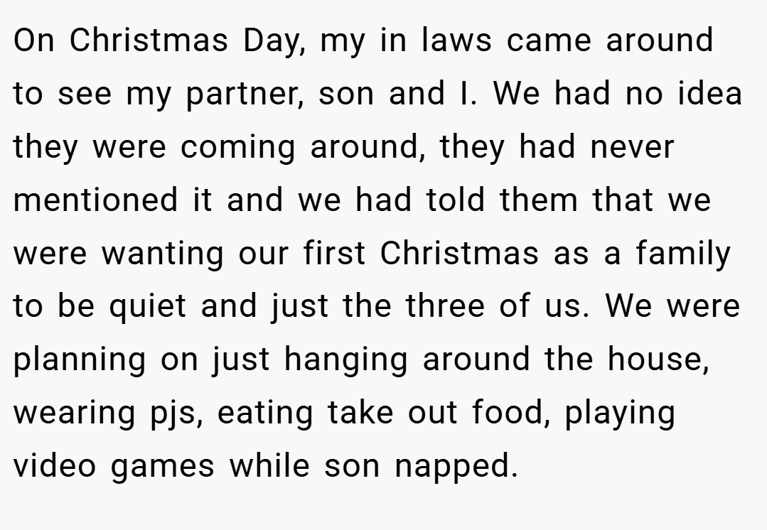 On Christmas Day, my in laws came around to see my partner, son and I. We had no idea they were coming around, they had never mentioned it and we had told them that we were wanting our first Christmas as a family to be quiet and just the three of us. We were planning on just hanging around the house, wearing pjs, eating take out food, playing video games while son napped.