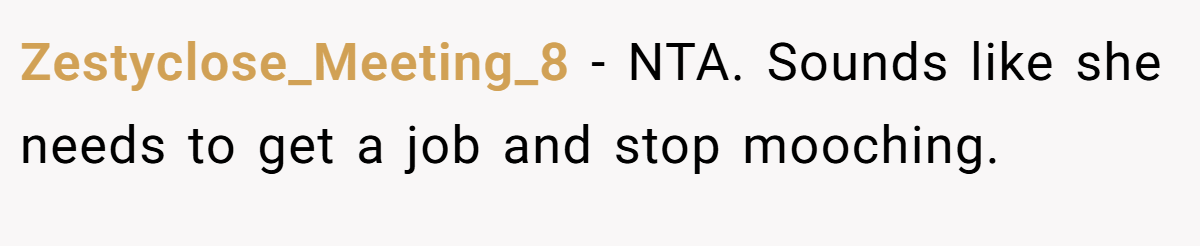 Zestyclose_Meeting_8 − NTA. Sounds like she needs to get a job and stop mooching.