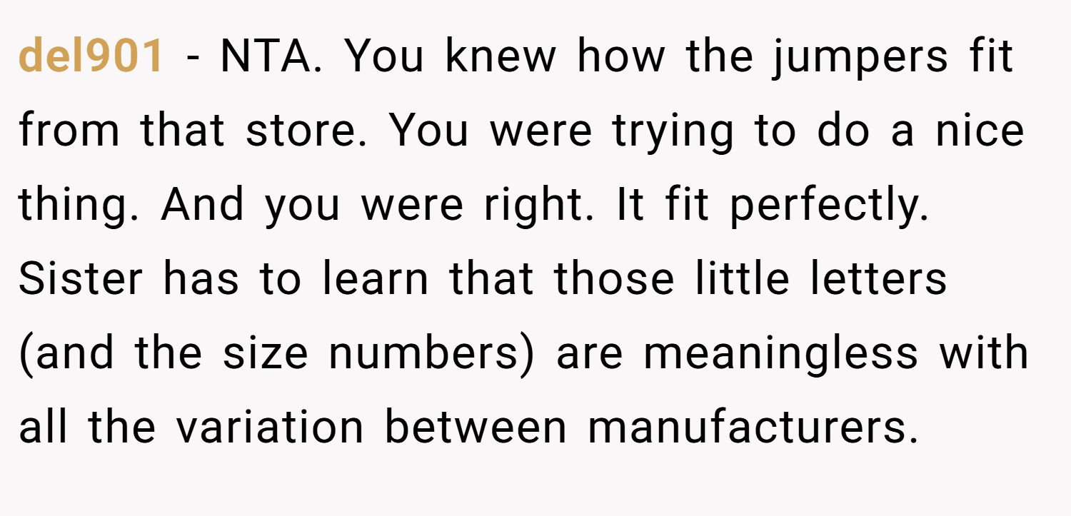del901 − NTA. You knew how the jumpers fit from that store. You were trying to do a nice thing. And you were right. It fit perfectly. Sister has to learn that those little letters (and the size numbers) are meaningless with all the variation between manufacturers.