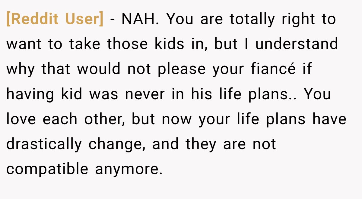 [Reddit User] - NAH. You are totally right to want to take those kids in, but I understand why that would not please your fiancé if having kid was never in his life plans.. You love each other, but now your life plans have drastically change, and they are not compatible anymore.